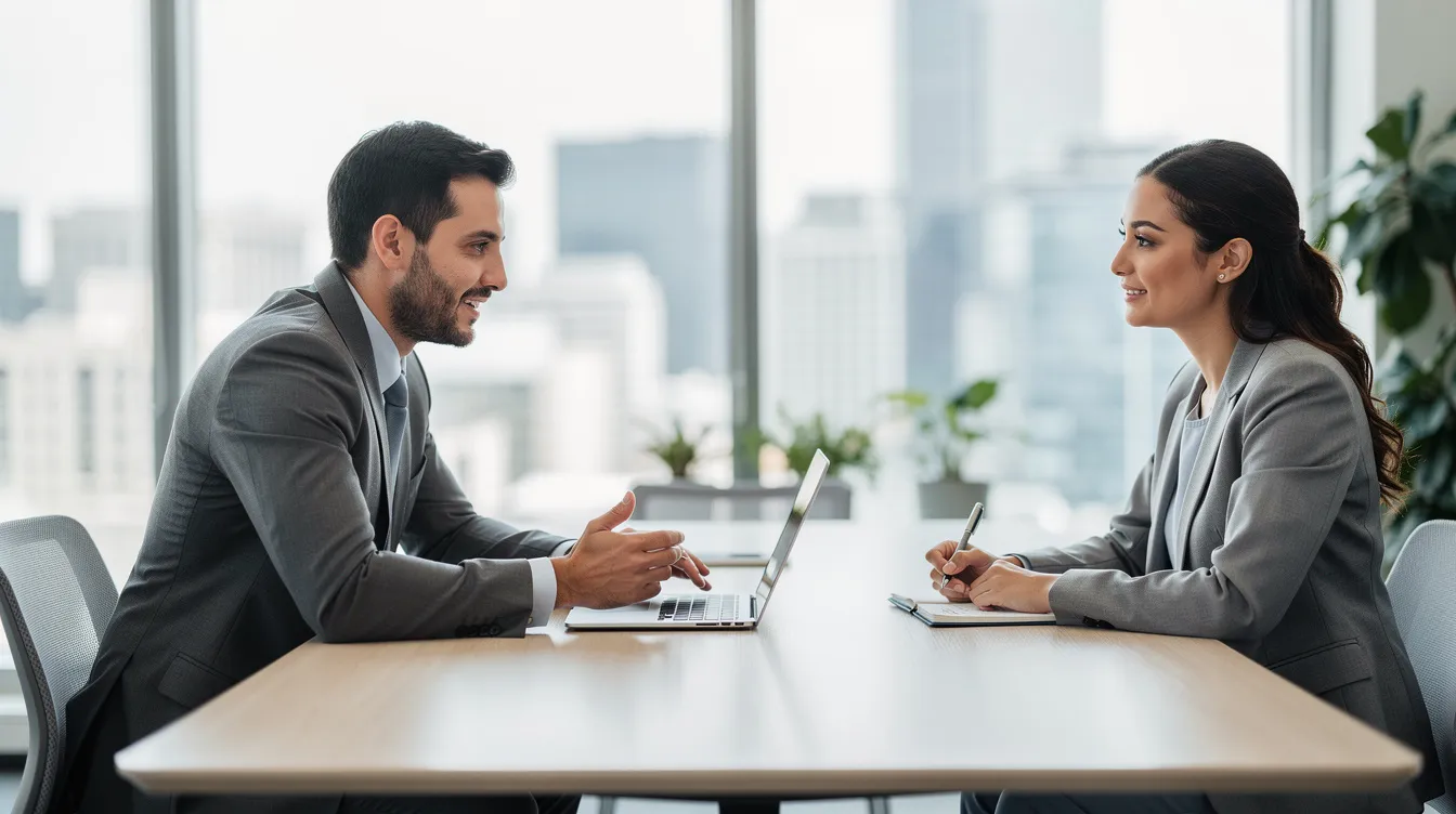 A professional advisor is discussing retirement investment options with a client in a modern office setting, highlighting strategies for retirement savings and the benefits of various retirement plans, including defined contribution and defined benefit plans. The atmosphere is collaborative, focusing on the client's financial goals and investment decisions for a secure retirement income.