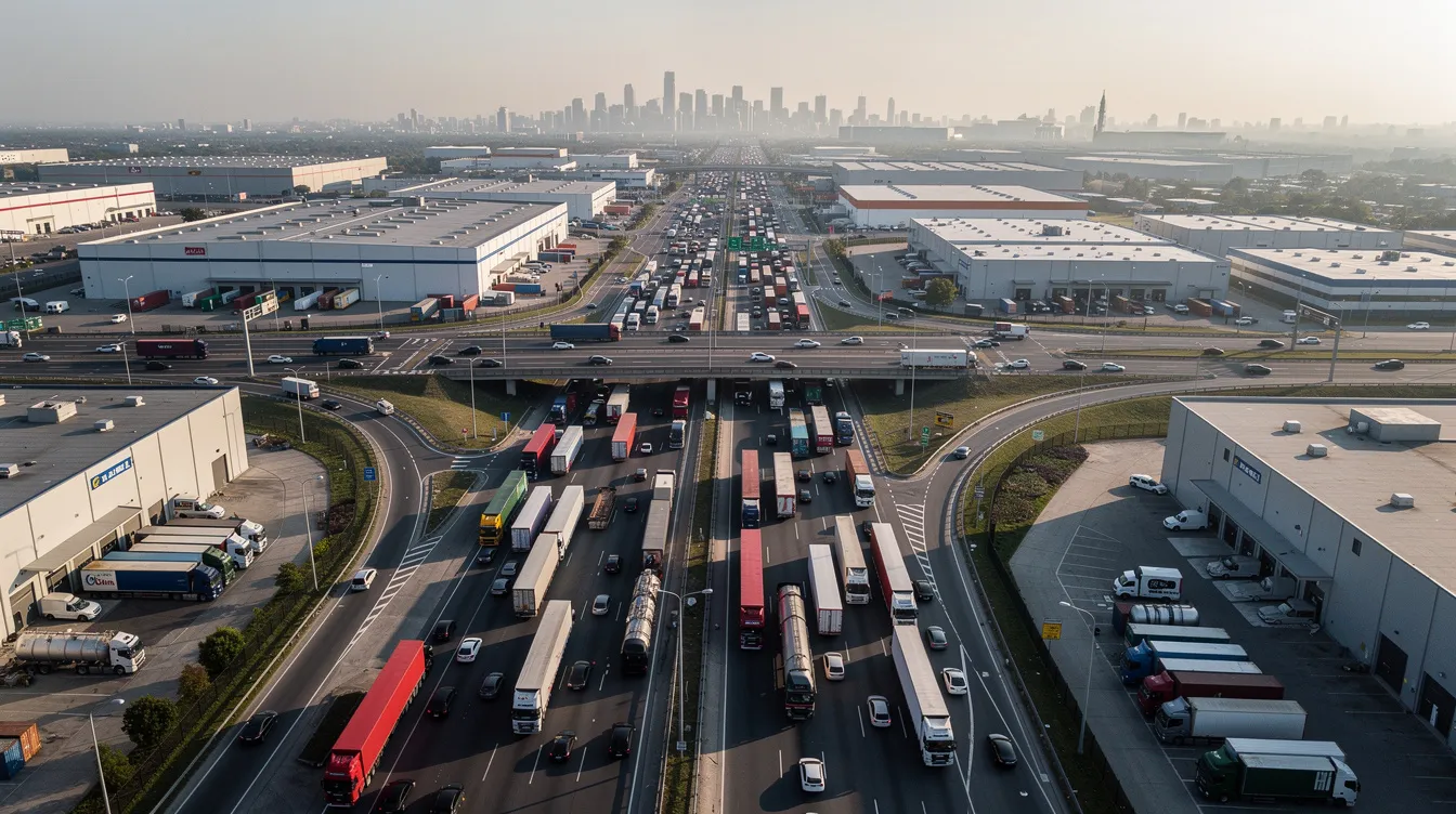 An aerial view of a busy highway intersection shows multiple large commercial vehicles, including tanker trucks, navigating near an industrial area. This scene highlights the potential for truck accidents, emphasizing the importance of legal representation for truck accident victims seeking fair compensation for serious injuries.