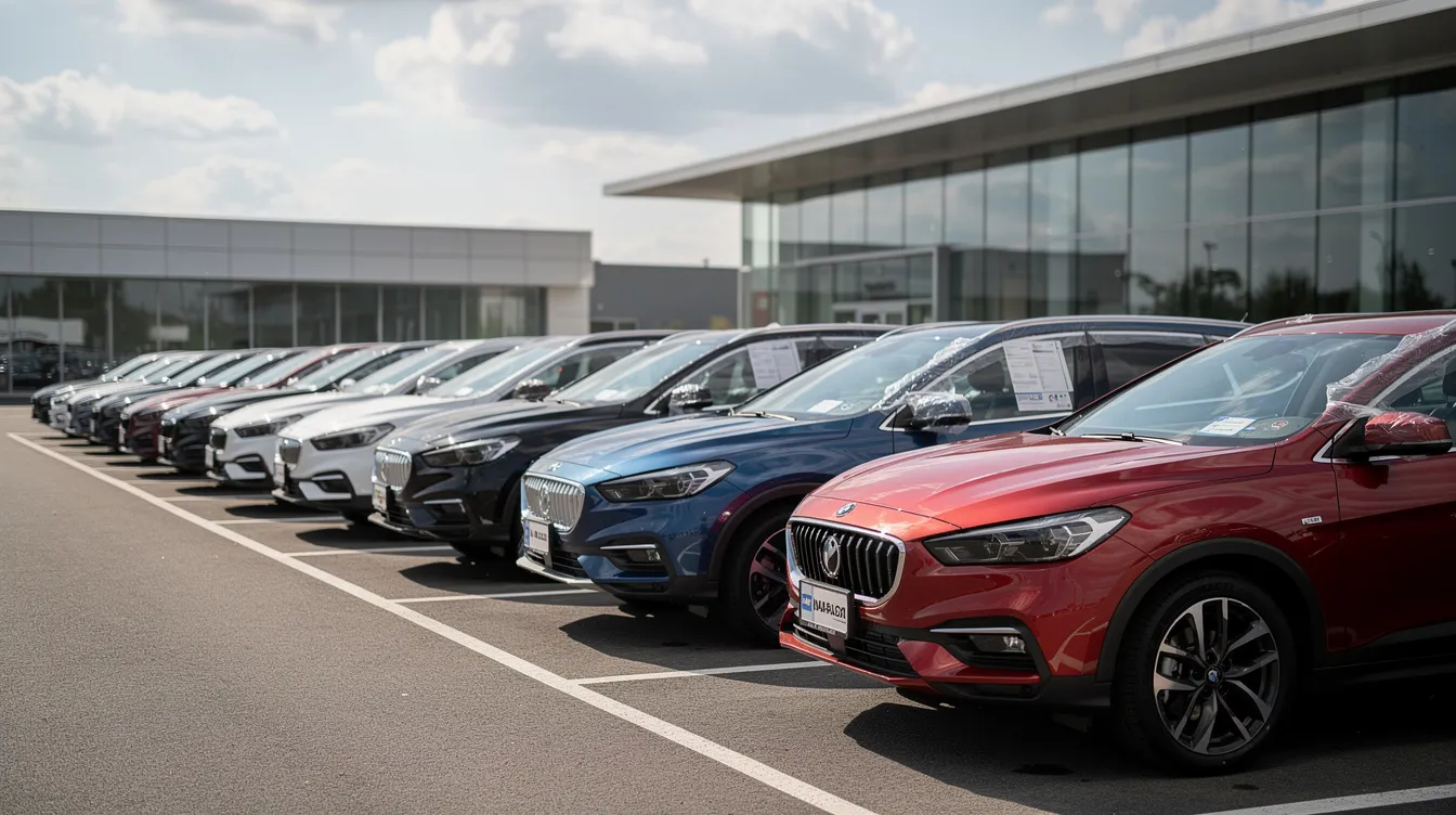A row of recently delivered vehicles is showcased at a car dealership lot, featuring various models including classic cars and auction vehicles ready for buyers. The scene highlights the efficient transport process and safe delivery of vehicles, emphasizing the dealership's commitment to providing a preferred location for customers interested in car shipping.