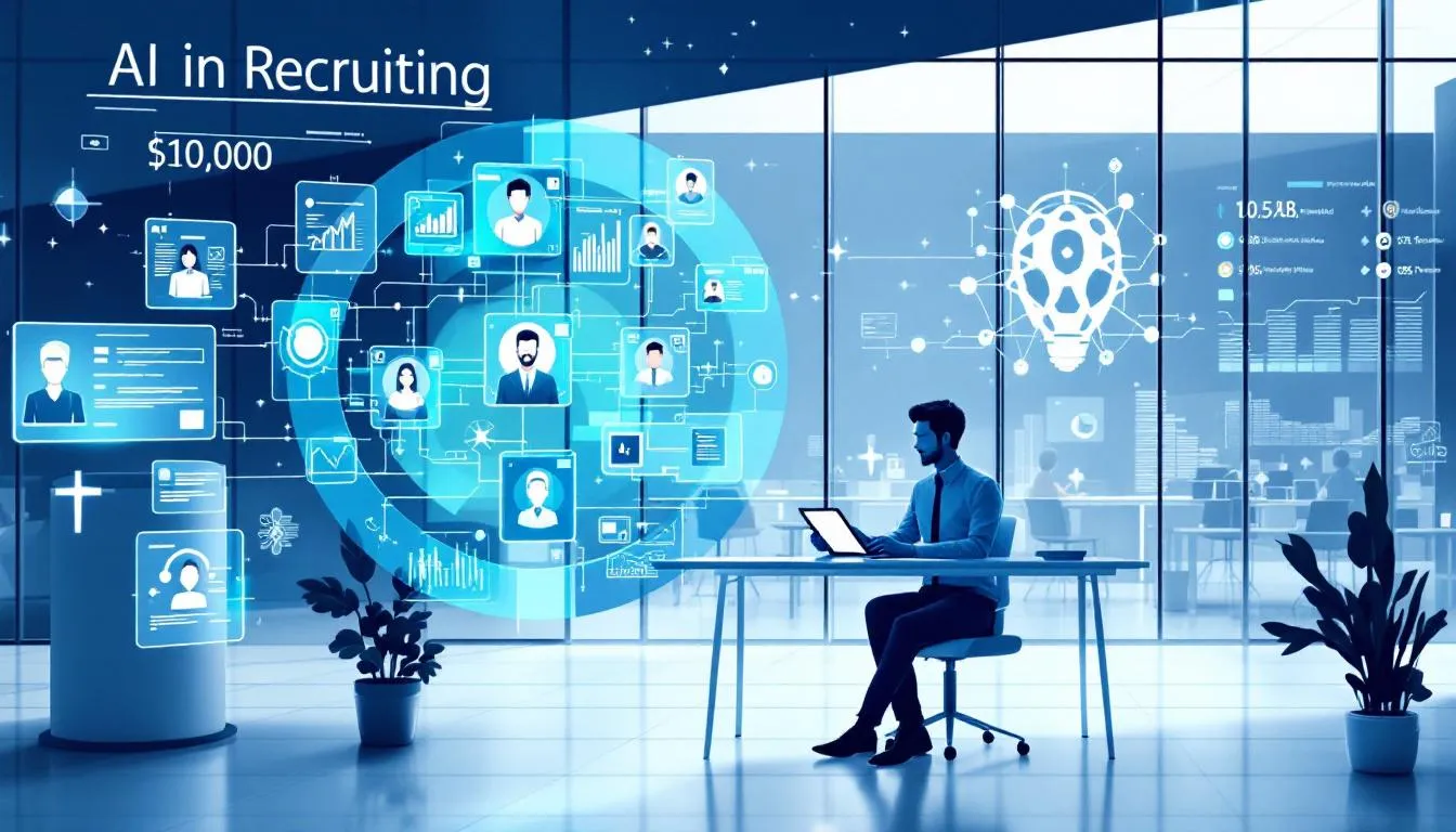 A visual representation of AI in recruiting, showcasing various AI tools and human recruiters working together.