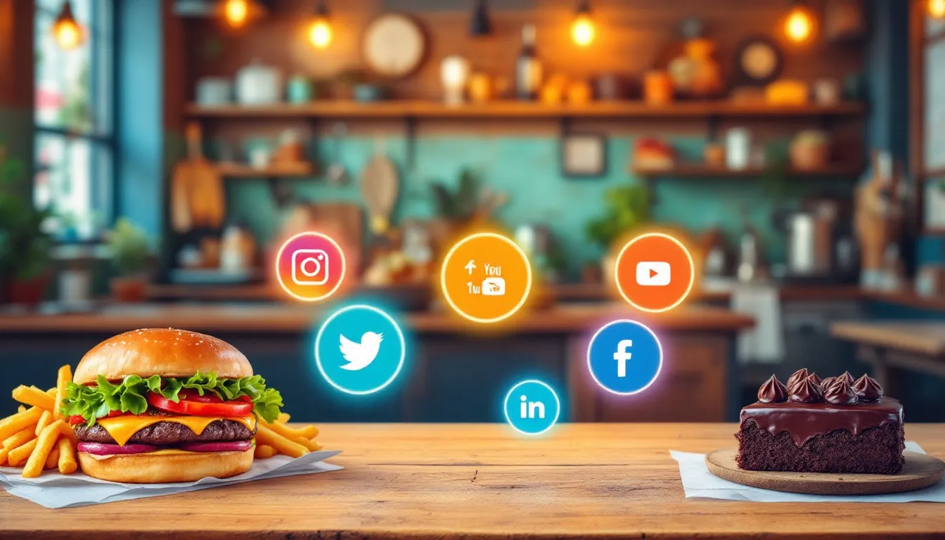 Social media icons with a restaurant backdrop to engage customers.