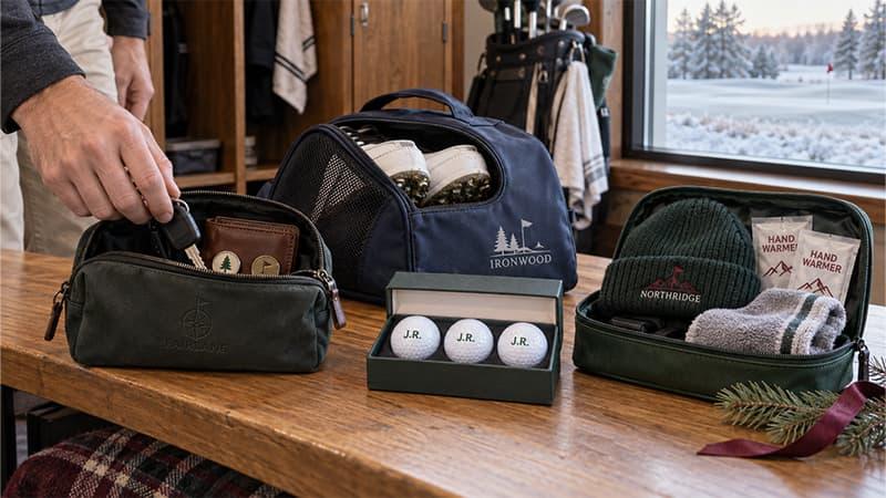 Golf valuables pouch, ventilated shoe bag, personalized golf balls, and winter golf kit organized before a cold-weather round