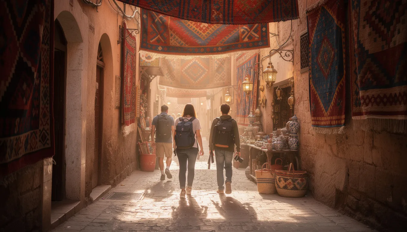 A small group of travelers strolls through a narrow Moroccan medina, surrounded by vibrant textiles hanging overhead, capturing the essence of local culture and bustling souks. This picturesque scene showcases the charm of Morocco's cities, inviting visitors to explore its rich heritage and unique experiences.