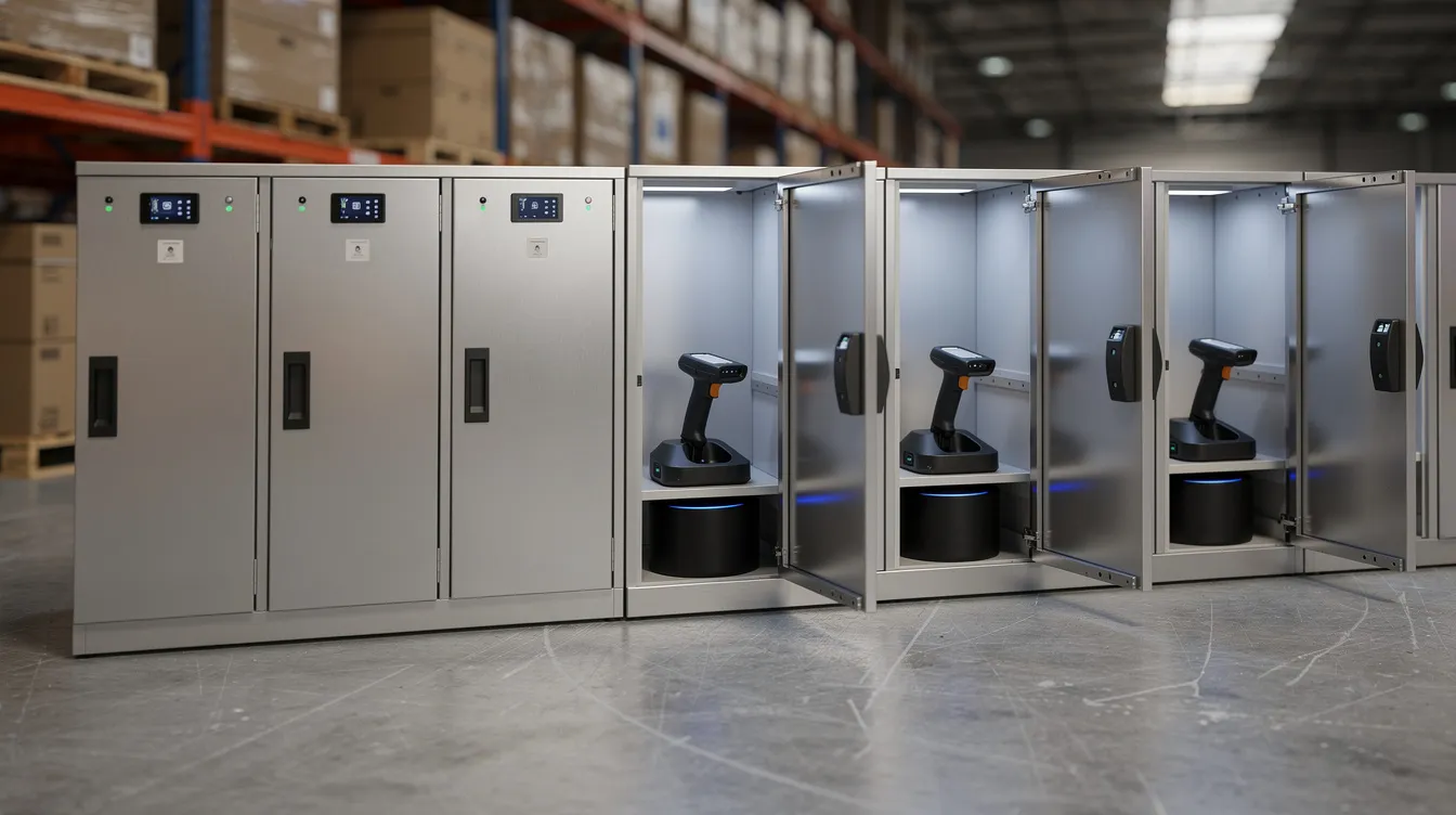 The image shows a row of steel smart lockers in a warehouse, with several doors open to reveal handheld RF scanners placed on charging cradles inside. This setup enhances inventory management and helps prevent lost devices, ensuring efficient tracking of inventory movements in distribution centers.