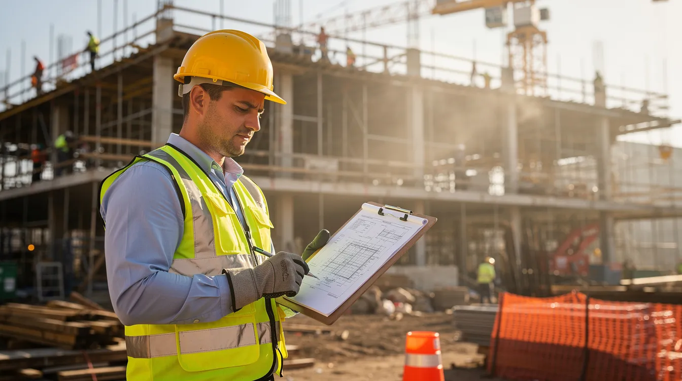 A construction worker is seen reviewing documents on a clipboard at an active building site, surrounded by scaffolding and construction materials. This scene highlights the importance of proper documentation in the construction process and the role of construction law in managing disputes and contracts within the industry.