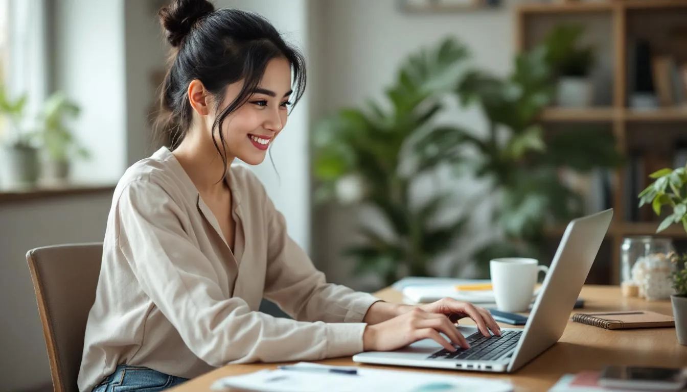 A happy Southeast Asian woman is sitting at a desk, looking at her laptop with a smile, suggesting a positive onboarding experience. This scene reflects the importance of first impressions in the client onboarding process, which can make or break customer relationships.