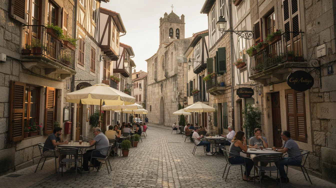 Imagem de uma rua de pedra em uma cidade histórica europeia, com arquitetura medieval e cafés ao ar livre, evocando a atmosfera charmosa de destinos turísticos como a Croácia. Ao fundo, é possível ver edifícios antigos e pessoas desfrutando do clima mediterrâneo.