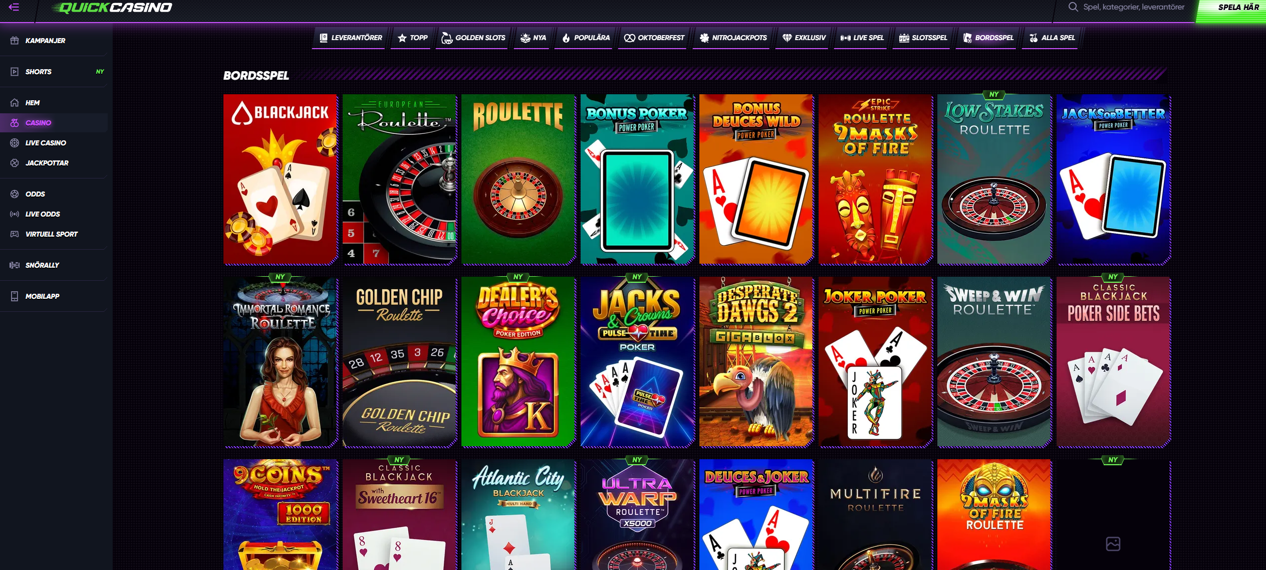 Bordsspel hos Quick Casino med bland annat blackjack, roulette och poker.