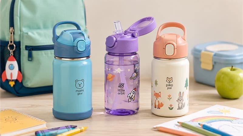 Kids water bottles with straw lids, handles, and child-friendly designs for schools, camps, and youth programs
