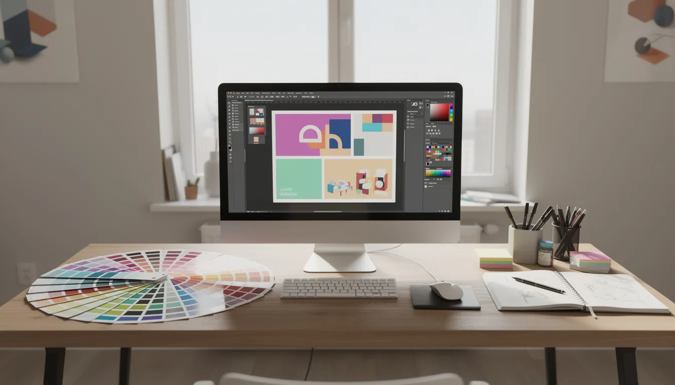The image depicts a professional design workspace featuring a computer with an array of color swatches, showcasing tools ideal for creating diploma templates and certificate designs. This setup reflects a creative environment where individuals can easily personalize and customize layouts for awards and achievements.