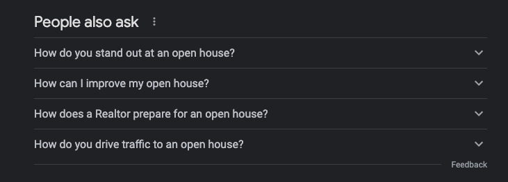 Google results for "tips for a successful open house" - Questions people also ask