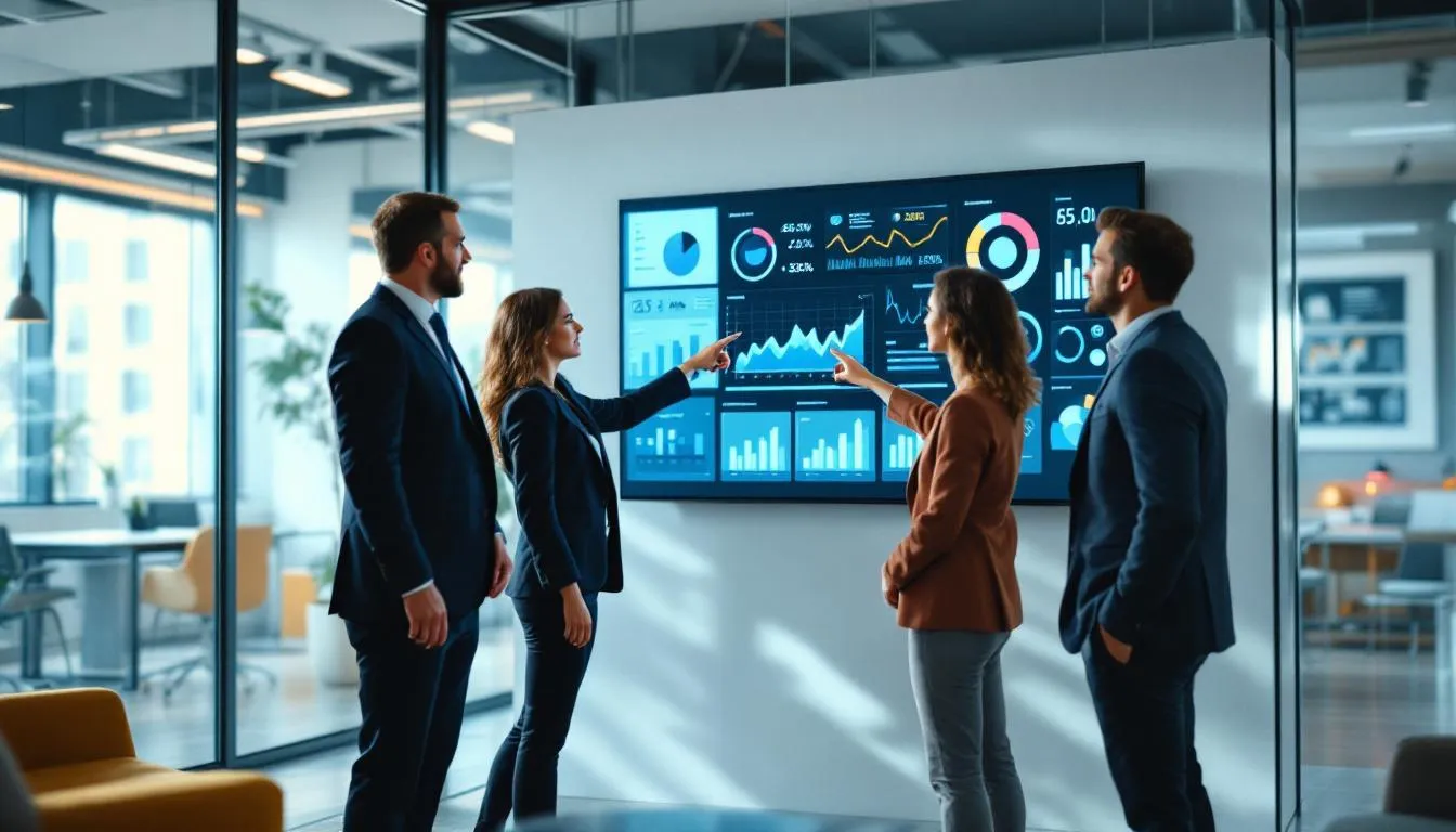 A business team is gathered around large displays, analyzing data visualizations that showcase various data processes and analytics. They are utilizing tools like Alteryx and Snowflake to integrate and manage large datasets, enhancing their decision-making through advanced analytics and data processing.