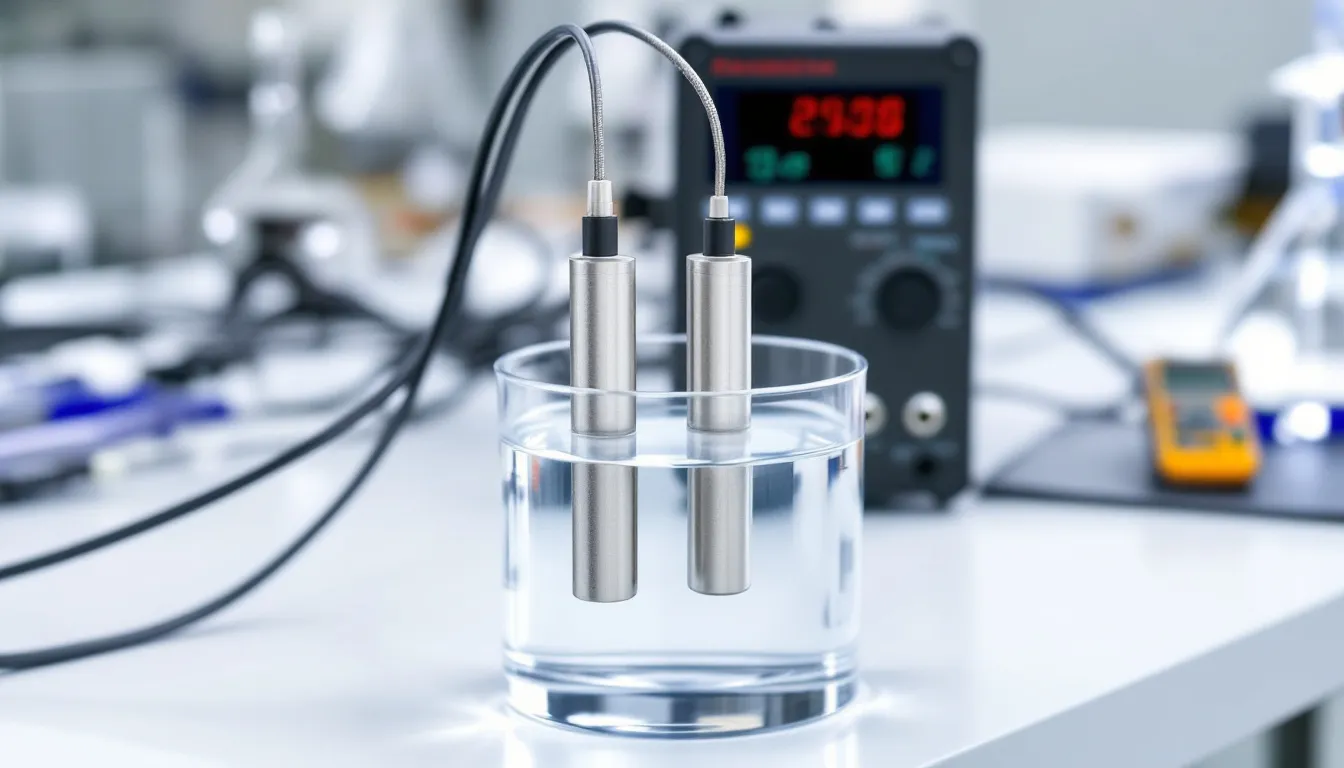 Das Bild zeigt moderne Laborausrüstung, die für die elektrolytische Herstellung von kolloidalem Silber verwendet wird, einschließlich Silberstäben und speziellen Geräten zur Erzeugung von Silberpartikeln in einer Lösung. Die Ausrüstung ist auf einem Tisch in einem Labor angeordnet und vermittelt einen Eindruck von Präzision und Qualität in der Herstellung von Silberwasser.