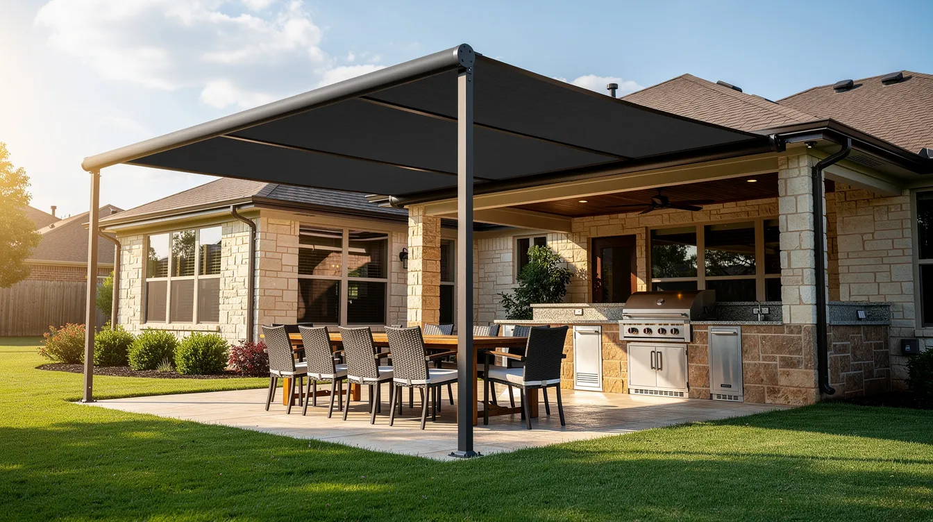 A luxurious suburban patio in Oklahoma City features a custom motorized retractable awning made of dark charcoal Sunbrella canvas, providing shade over a stylish outdoor dining table and kitchen. The lush green lawn and natural sunlight create a warm ambiance, enhancing the outdoor space's beauty while effectively blocking direct sunlight.