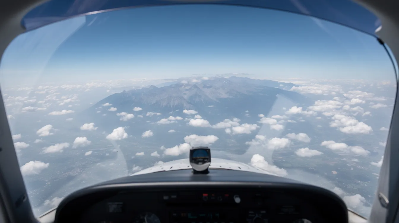 The image shows a cockpit view of a small airplane flying at a VFR cruising altitude above a layer of scattered white clouds, with distant mountains visible on the horizon. The scene captures the essence of level cruising flight, providing a sense of freedom and adventure in the open sky.