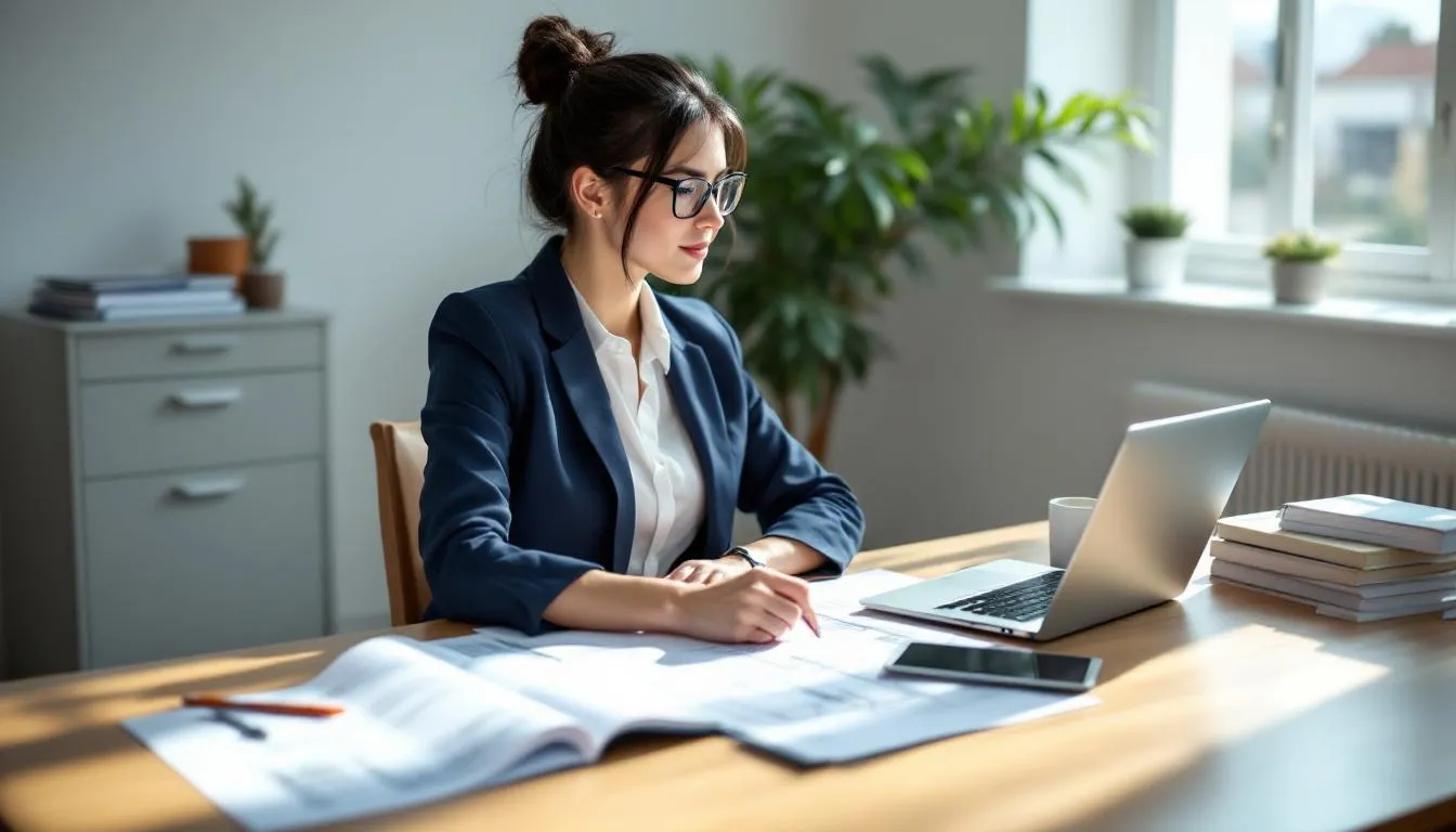 A professional sits at a desk, focused on a laptop surrounded by architectural drawings and career planning materials, reflecting a balance between work and personal lives. The scene highlights the importance of maintaining mental health and reducing stress while exploring career options and preparing for the application process in the architecture industry.