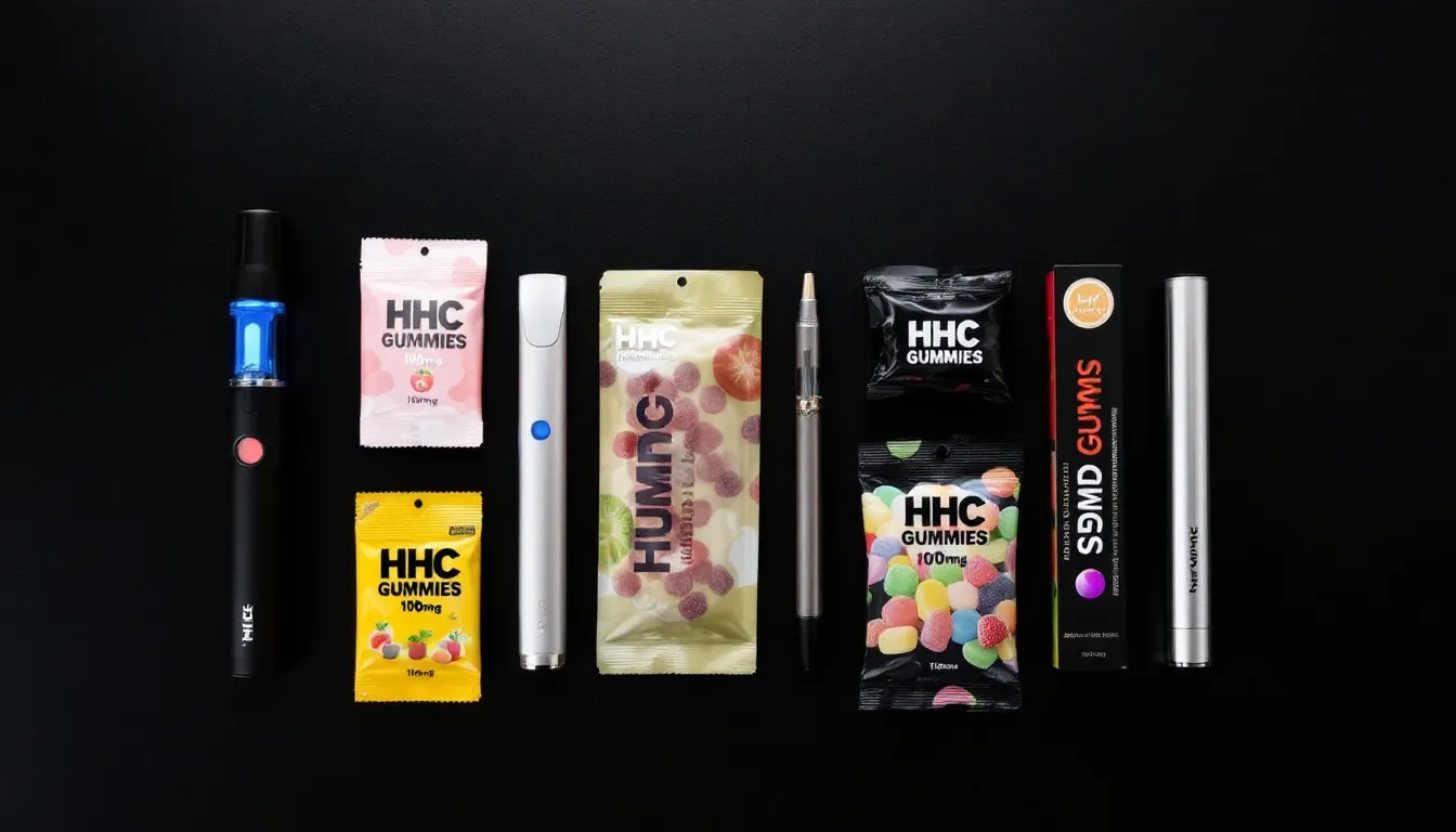 The image showcases an array of HHC vaping devices and gummy packages, elegantly arranged on a dark surface, highlighting their sleek designs and colorful labels. This setup features various flavors, including passion fruit and blue raspberry, perfect for seasoned users and newcomers alike, especially during the holiday season with exclusive discounts and Black Friday deals.