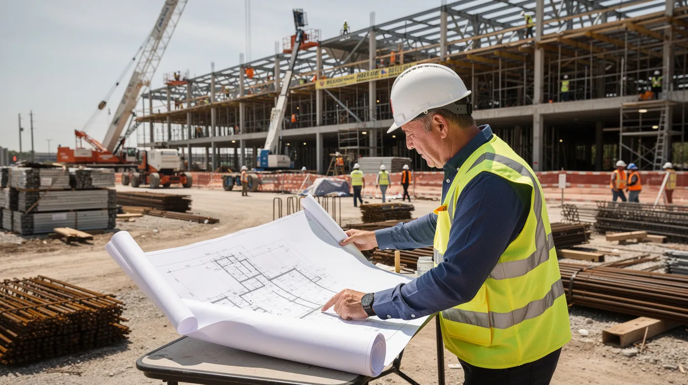 A superintendent is intently reviewing blueprints on a large commercial construction site, surrounded by crews of skilled workers actively engaged in various tasks in the background. This scene highlights the merit shop approach to construction, emphasizing individual talent recognition and workforce development efforts within the construction industry.