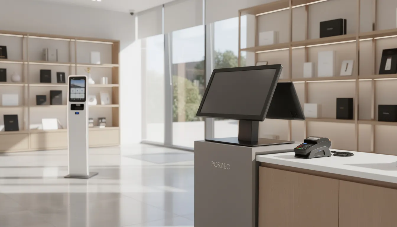 The image depicts a modern retail store interior featuring a fixed POS workstation with a dual-screen setup for both the operator and customer, emphasizing its intuitive interface for payment processing. In the background, a sleek self-service kiosk is illuminated by natural morning light, showcasing the store's focus on efficiency and customer engagement.
