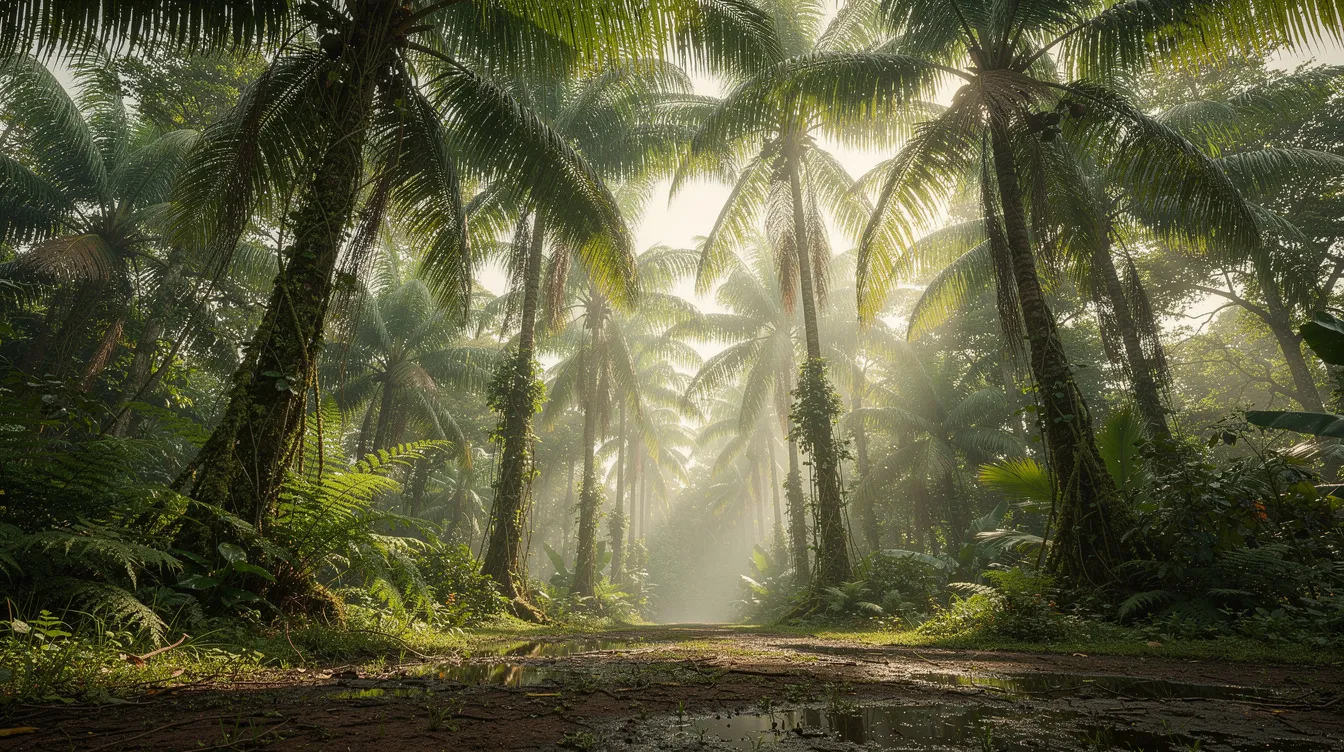 The image depicts tall tropical palm trees standing majestically in a vibrant Central American rainforest, surrounded by lush greenery. This serene environment is a natural habitat for the indigenous communities who have historically sourced batana oil from the South American palm tree, known for its nourishing properties that promote hair health and growth.