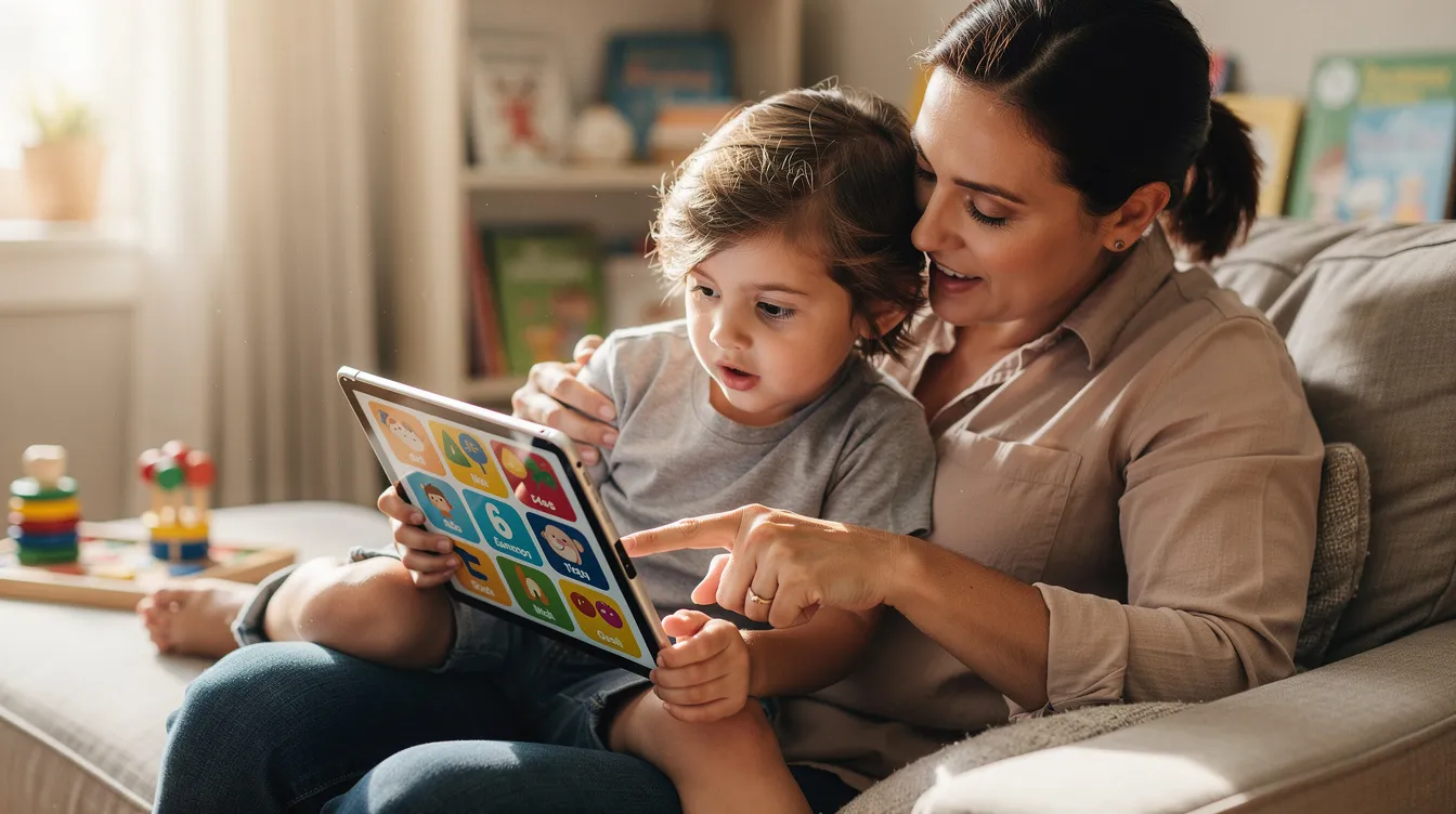 A parent and child are sitting closely together, engaged in an interactive learning experience as they explore an educational app on a tablet. This supportive learning environment fosters communication skills and encourages the development of critical thinking skills in young learners.