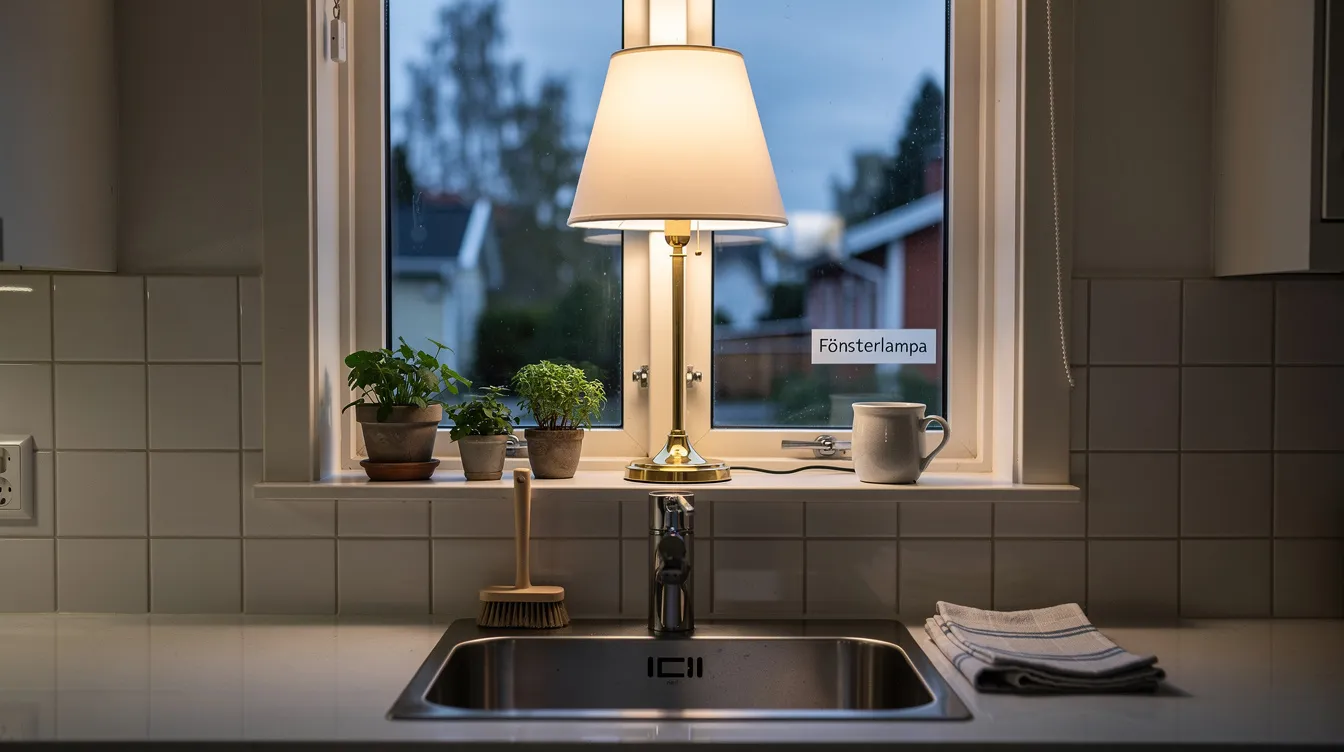 En elegant fönsterlampa med mässingsfot står i köksfönstret ovanför diskbänken, vilket ger ett stilfullt intryck och skapar en varm atmosfär i rummet. Lampan är perfekt för att lysa upp både fönstret och arbetsytan, och passar väl in i en modern köksdesign.