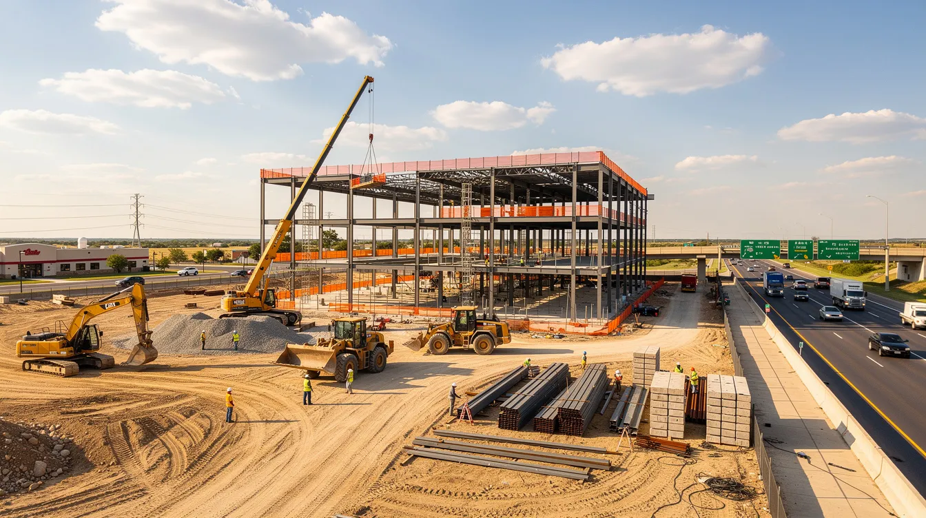 The image depicts a bustling commercial construction site along a Texas highway corridor, featuring heavy equipment and steel framing in various stages of assembly. This scene illustrates the ongoing project life cycle, where construction companies manage costs incurred and project completion, reflecting the financial health and performance of the businesses involved.