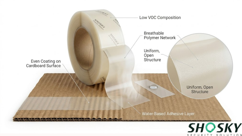 Security tape with thin water based adhesive