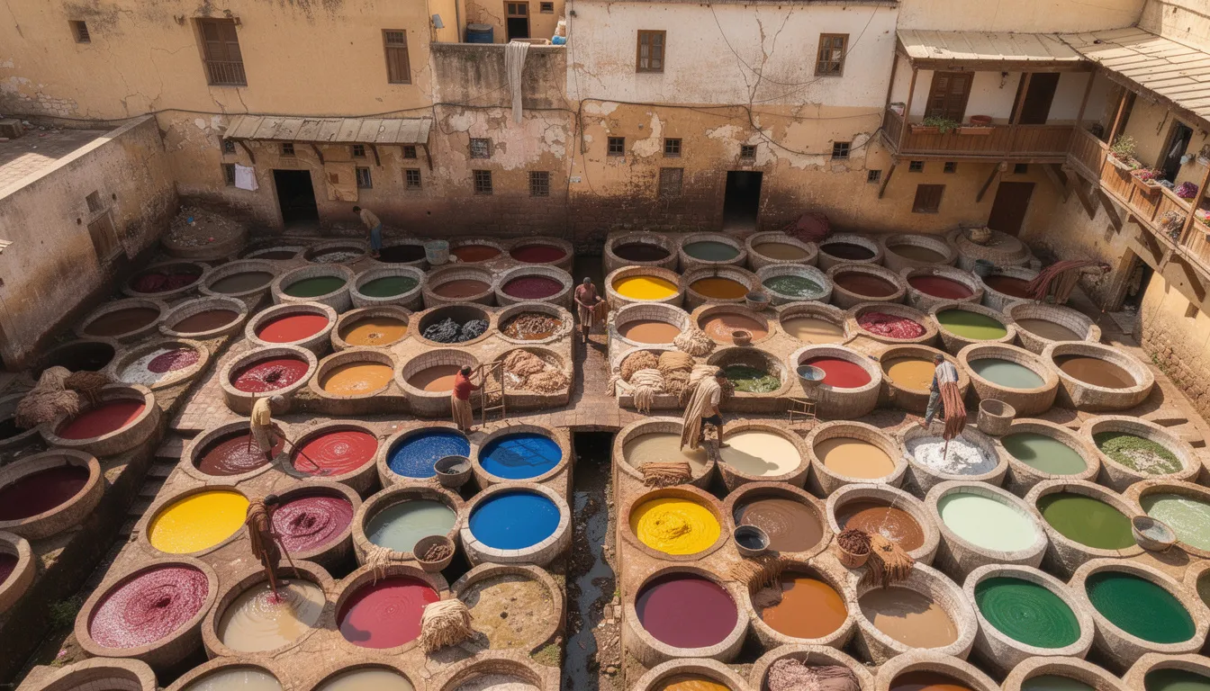 An aerial view showcases vibrant, circular leather dyeing vats in an ancient tannery, reflecting the traditional Moroccan style. This colorful scene is a testament to the rich history and craftsmanship found in the imperial cities of Morocco.