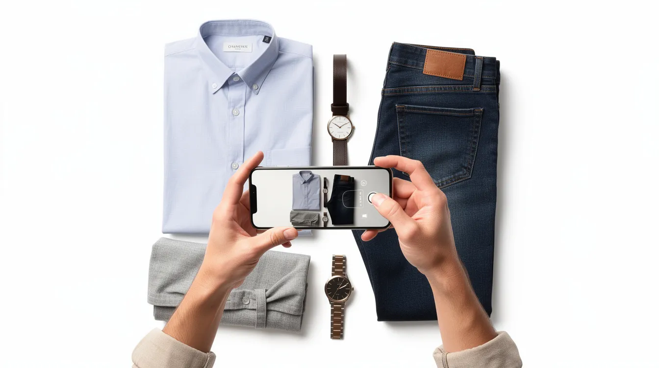 A person is taking a photograph of various clothing items with a smartphone against a white background, showcasing the products for a dropshipping business. This image highlights the importance of quality product photos for an online store, particularly in the fast fashion industry.