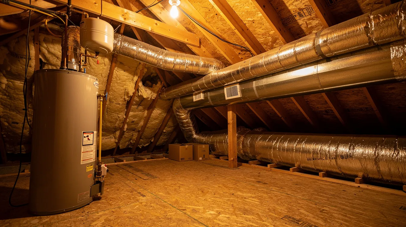 The image shows a residential attic space featuring exposed ductwork and a newly installed water heater, illuminated by warm lighting. This setting highlights the importance of proper plumbing installations and offers homeowners a glimpse into potential plumbing projects that may require an accurate estimate for materials and labor costs.