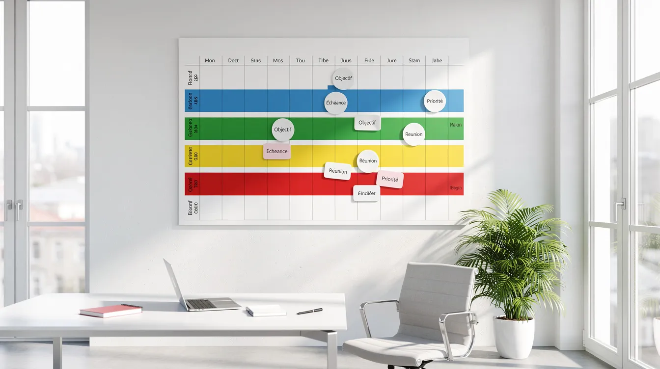 L'image montre un calendrier mural coloré, rempli d'étapes et de marqueurs, accroché dans un bureau lumineux. Ce tableau pourrait symboliser la mise en place d'une stratégie de collaboration et d'intelligence collective au sein d'une entreprise, facilitant la prise de décision et le développement des compétences des équipes.
