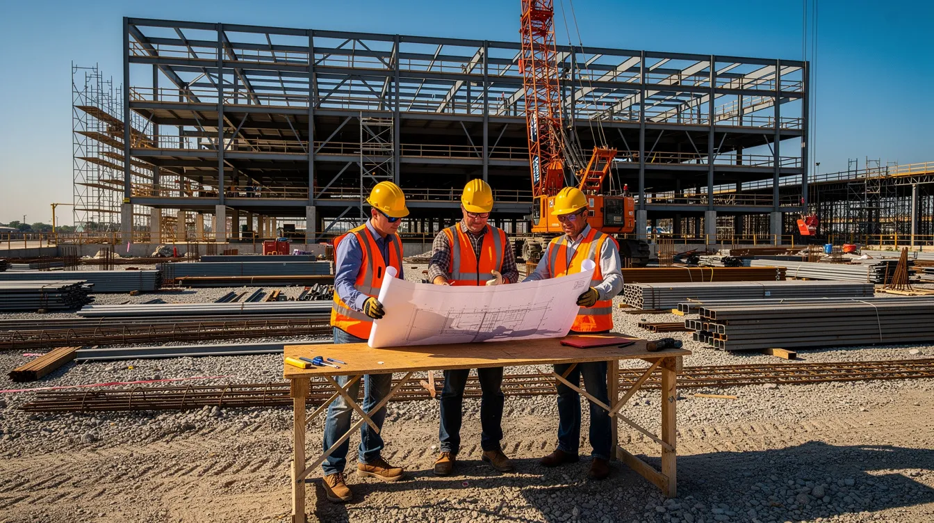 The image depicts a busy construction site featuring steel frameworks, with workers in hard hats carefully reviewing blueprints. This scene highlights the collaboration and planning essential for successful business operations, much like resolving LLC member disputes through clear operating agreements and effective communication among members.