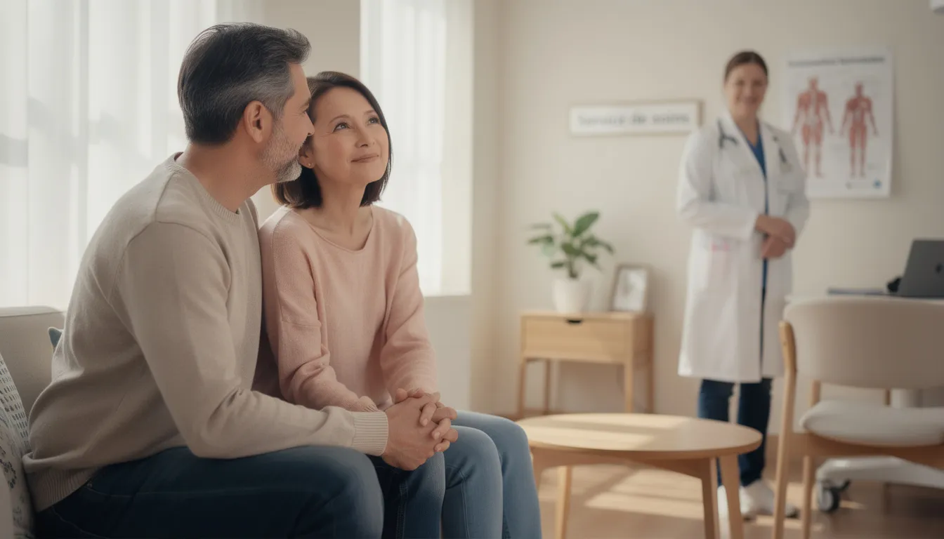 L'image montre un couple se tenant la main dans un cadre médical chaleureux, symbolisant leur soutien mutuel durant le processus de fécondation in vitro. Ils affichent des expressions d'espoir et de tendresse, évoquant les défis et les possibilités liés à la grossesse et à la prise en charge de leur fertilité.