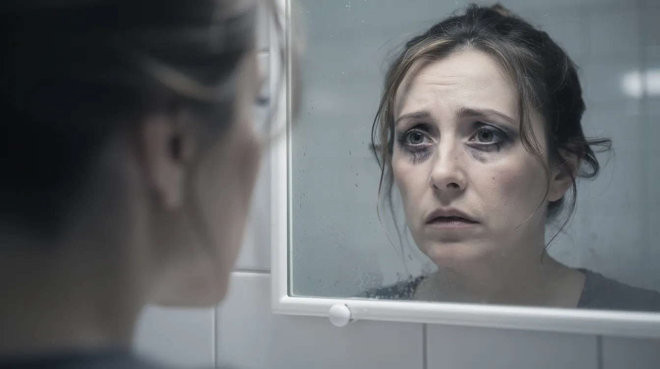Una mujer con expresión cansada se observa en un espejo de baño, mostrando ojos con párpados caídos que reflejan la falta de sueño. Su rostro denota la edad y el exceso de estrés, sugiriendo la necesidad de tratamientos para recuperar la confianza en su mirada.