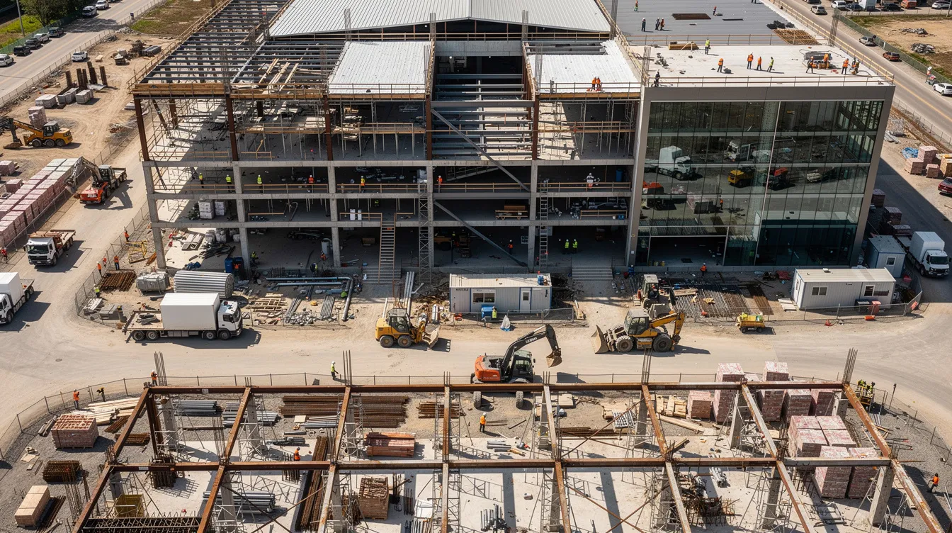 An aerial view of a bustling commercial construction site showcases multiple trades working together, highlighting the importance of safety leadership and a strong safety culture. Workers are engaged in various tasks, demonstrating commitment to safety initiatives and procedures to protect employees and minimize hazards.