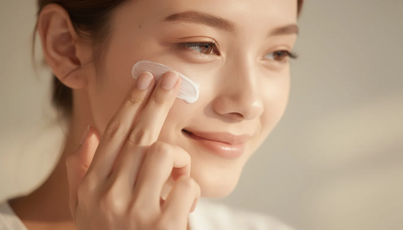 Kobieta aplikująca krem z filtrem przeciwsłonecznym na twarz, dbająca o ochronę skóry przed działaniem promieni słonecznych. Troska o skórę jest ważna, zwłaszcza w kontekście usuwania zmian skórnych i konsultacji dermatologicznych.