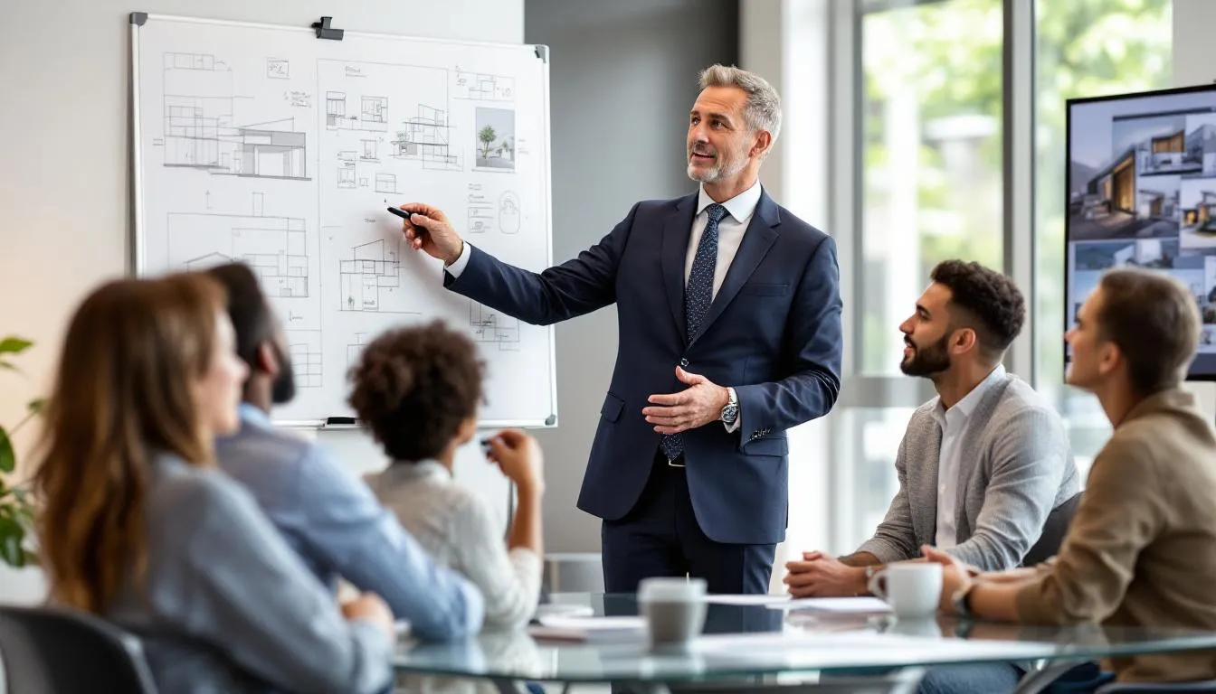 An experienced licensed architect presents innovative design concepts to a diverse group of clients, showcasing their extensive knowledge and creativity in architecture. The architect engages the participants by discussing various projects and strategies, aiming to develop a better understanding of their needs and expectations.