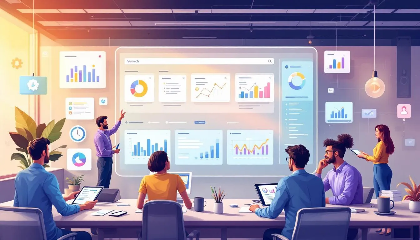 The image depicts a dynamic digital marketing agency team collaborating on strategies to enhance brand visibility and client engagement in the digital world. Emphasizing innovation and creativity, they utilize technology and insights to drive measurable growth for ambitious brands across various marketing platforms.