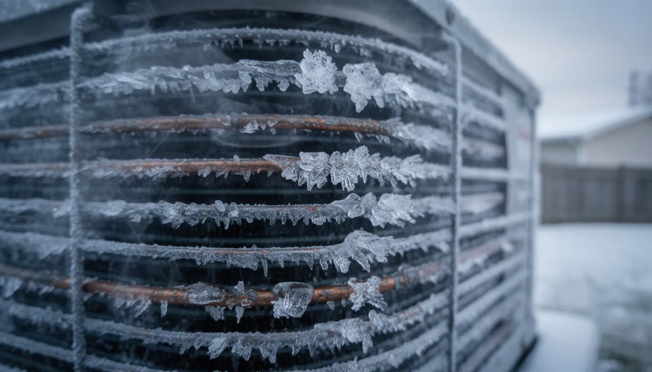 The image shows a close-up view of frozen coils on an outdoor heat pump unit, with visible ice crystals highlighting the effects of winter on the HVAC system. This scene emphasizes the importance of air conditioning repair and maintenance for homeowners in Clinton Township, MI.