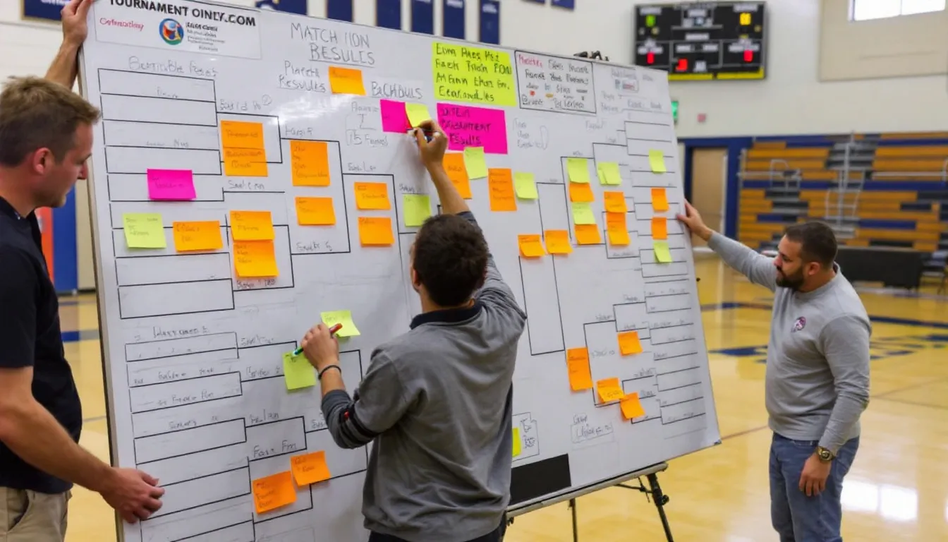 Tournament organizers are setting up a bracket board that displays match schedules and results for an upcoming pickleball tournament, featuring divisions such as women's singles and doubles. The board includes metrics for players to easily navigate their matches and connect with event information.