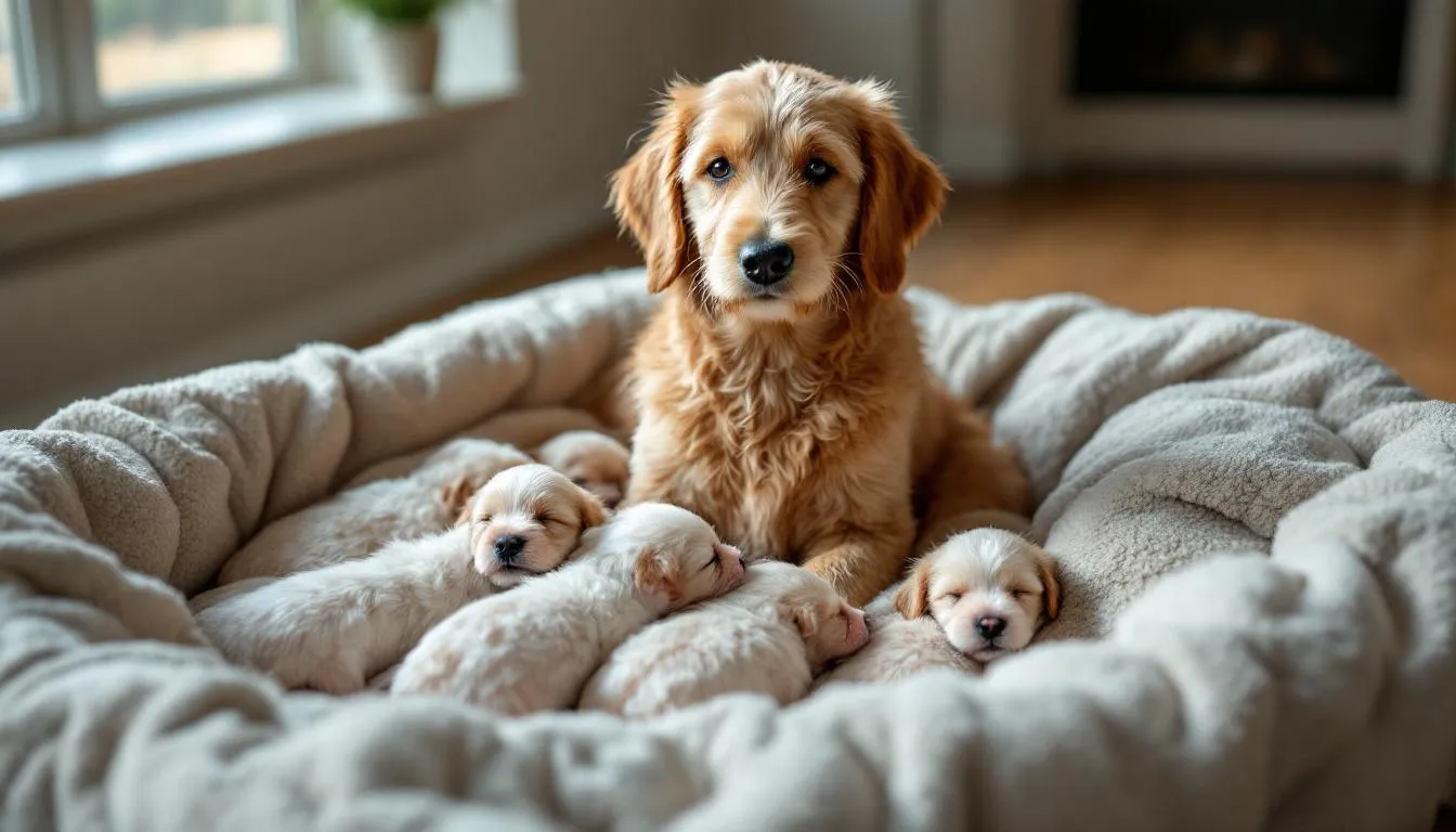 A goldendoodle mother is nestled in a cozy whelping area surrounded by her litter of newborn puppies, showcasing the nurturing bond between the female golden retriever and her mini and toy poodle offspring. This scene highlights the average goldendoodle litter size, which can vary significantly based on several factors, including the genetic makeup of both parent breeds.
