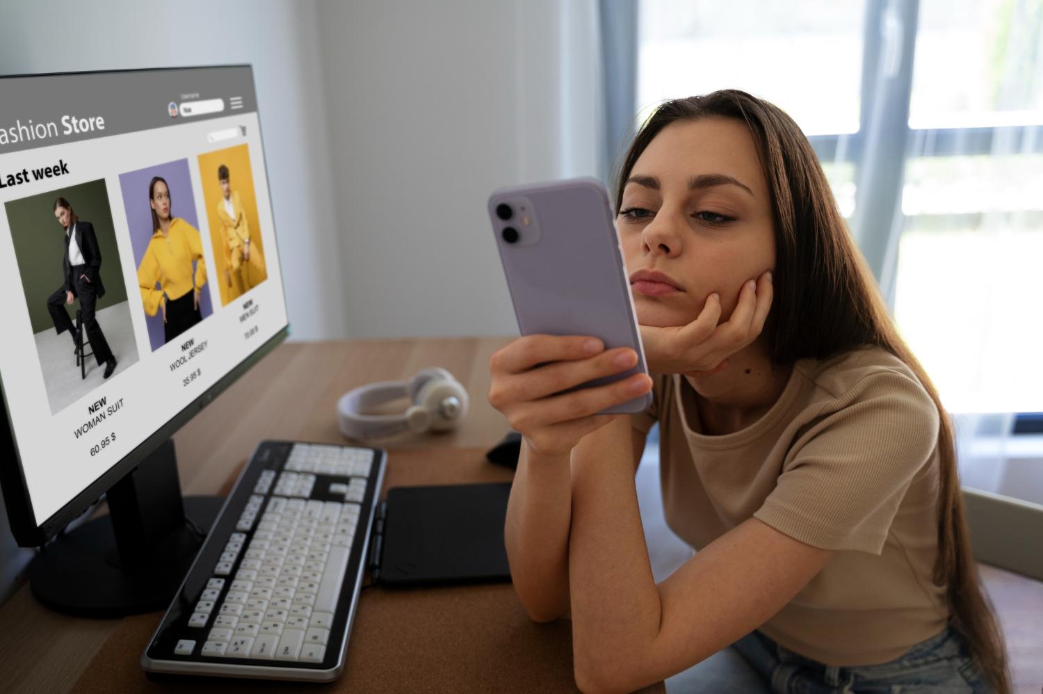 Woman exploring ad creative options online.