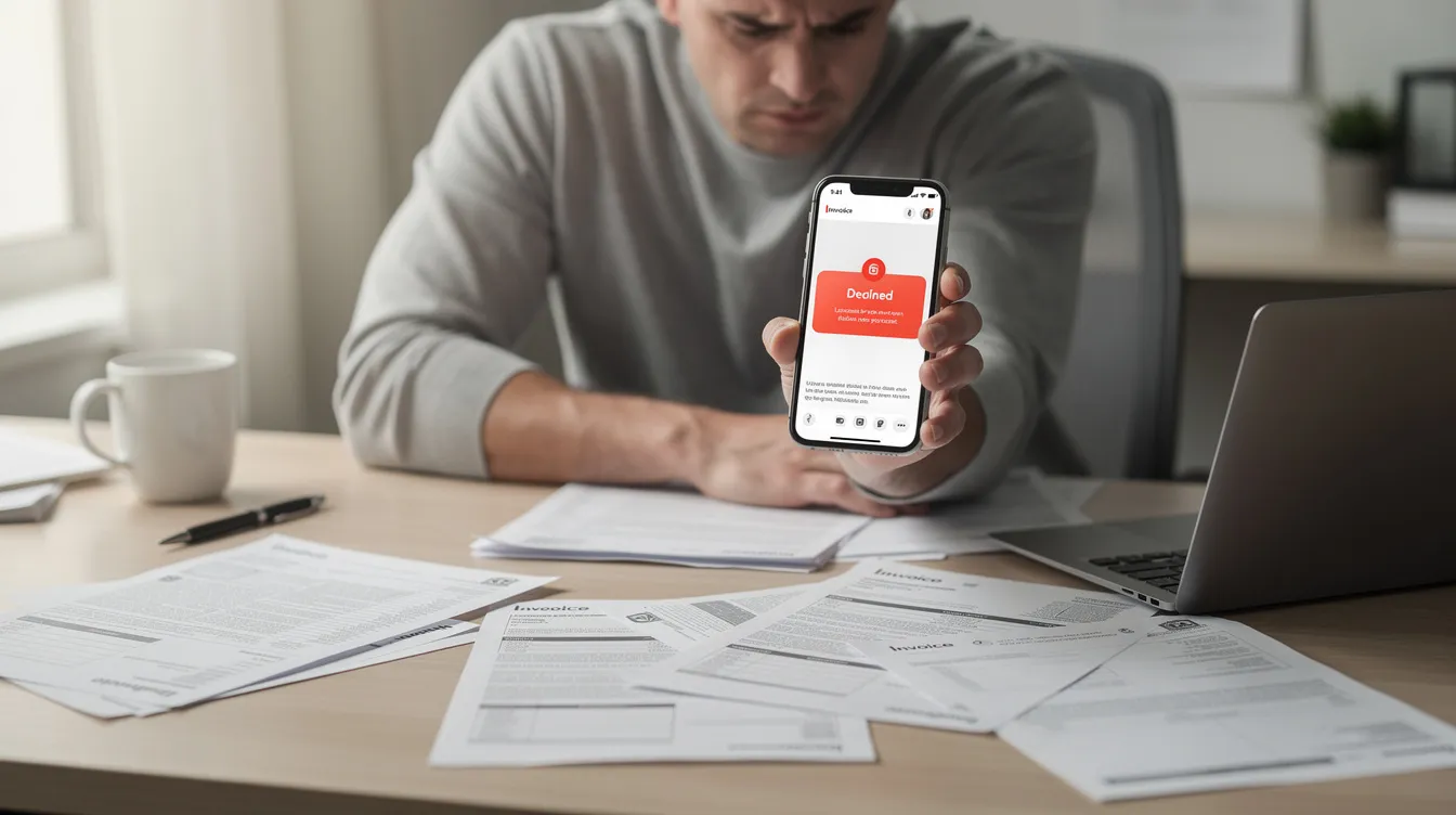 A person is sitting at a desk, looking at a smartphone that displays a declined notification, surrounded by various documents related to financial matters. The scene suggests a focus on personal loans and online lending platforms, highlighting the importance of understanding interest rates and repayment terms.