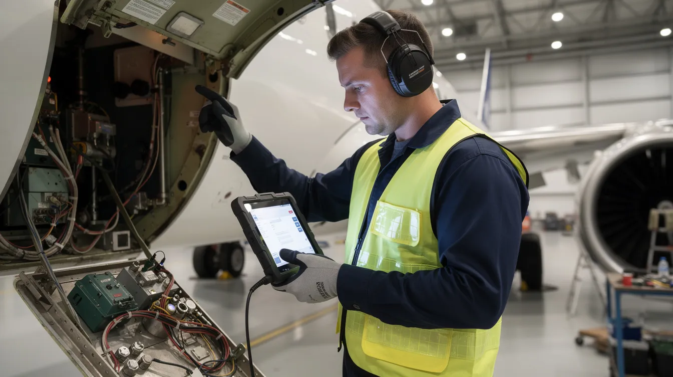 A maintenance technician is inspecting aircraft equipment while using a digital tablet to access data and manage maintenance tasks. This scene highlights the integration of technology in the aviation industry, emphasizing the importance of real-time tracking and compliance with regulatory requirements.