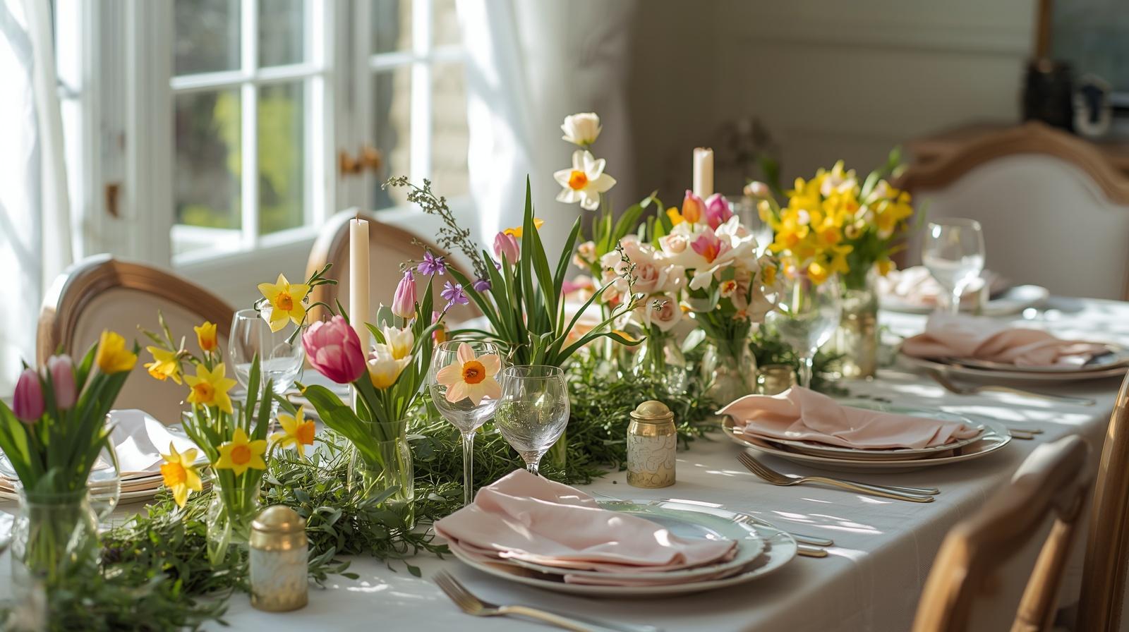 Bring your spring yard to life with bright spring flowers in glass vases on your Easter lunch table