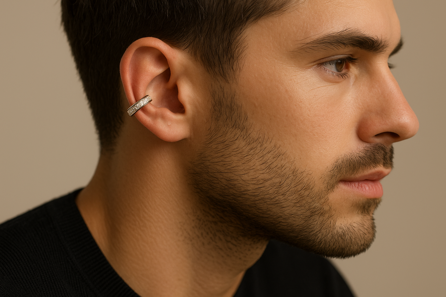 Stylish young man with a white gold cuff earring clip, inlaid with diamonds, fastened to the ear cartilage without a piercing