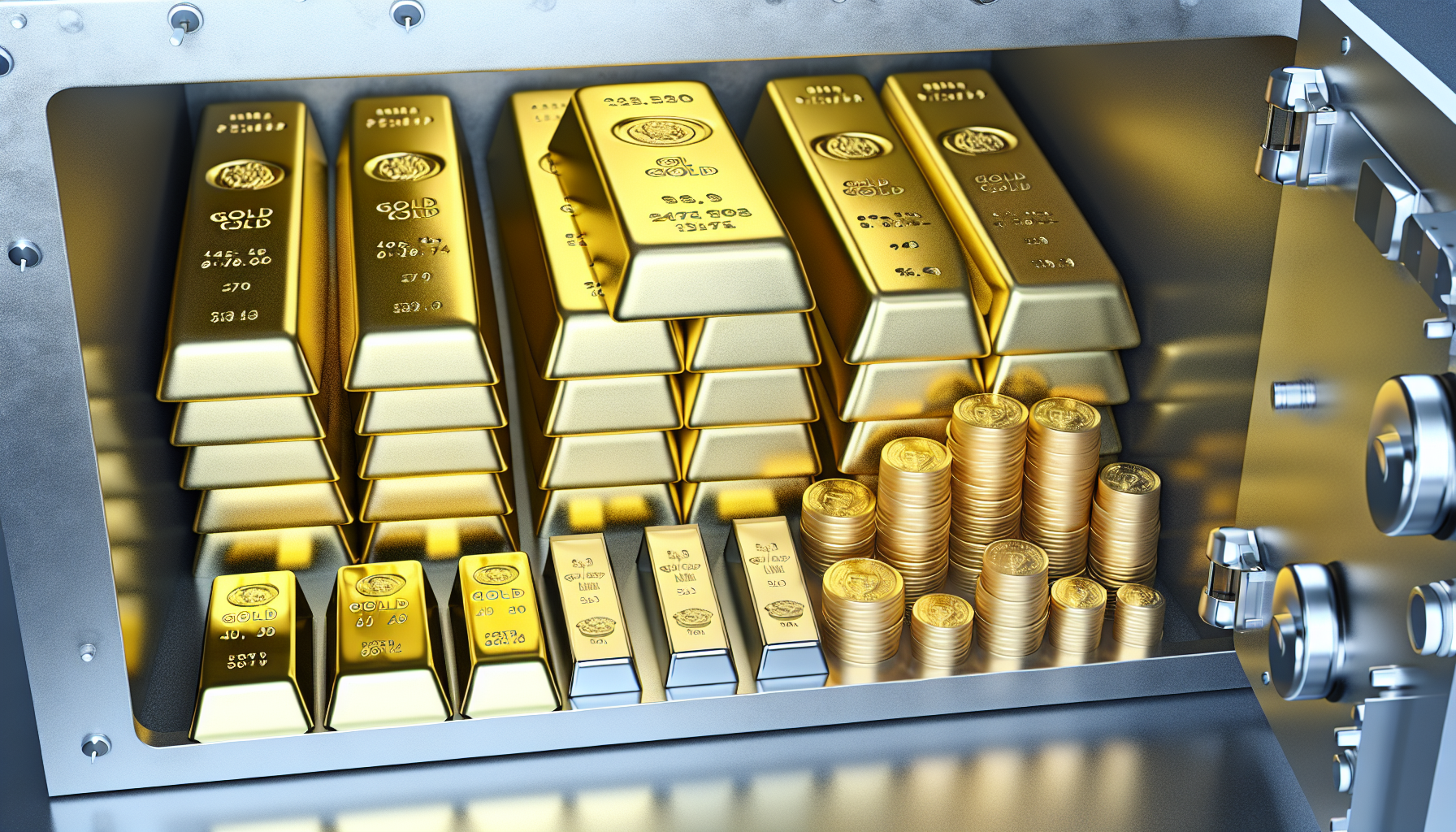 Gold bars and coins in a secure vault