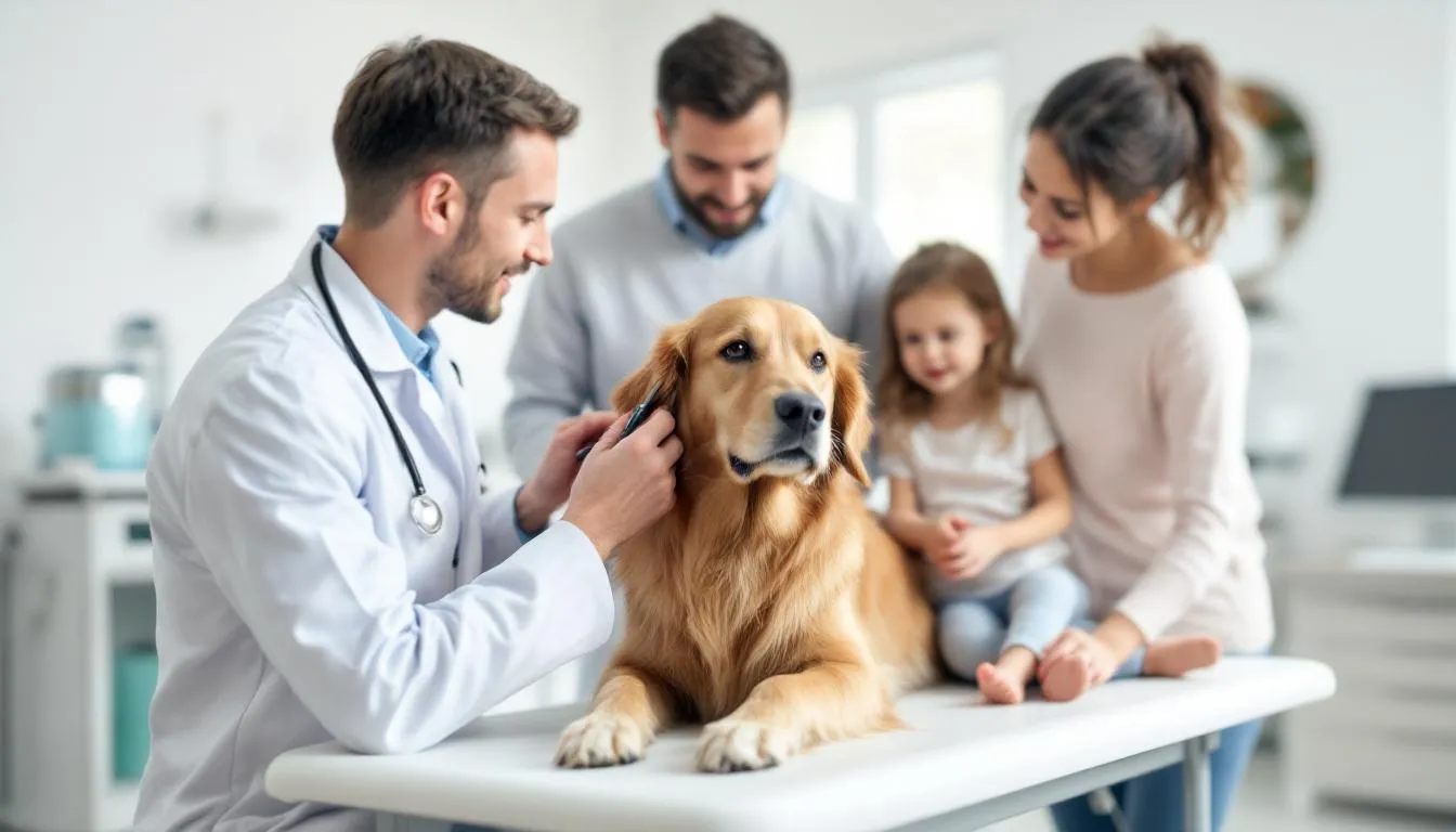 A veterinarian is gently examining a calm dog while supportive family members watch closely, creating a comforting atmosphere in the veterinary clinic. This moment reflects the bond between pet parents and their beloved companion, emphasizing the importance of pet