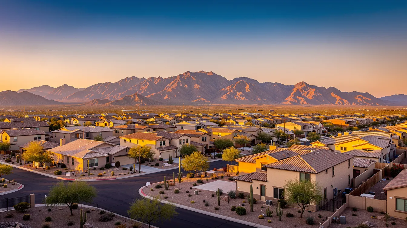 A wide view of a Phoenix suburb showcases a serene landscape with mountains in the background and a clear desert sky during the golden hour. This picturesque scene highlights the beauty of the Phoenix area, where local plumbers provide essential plumbing services to meet residential plumbing needs.